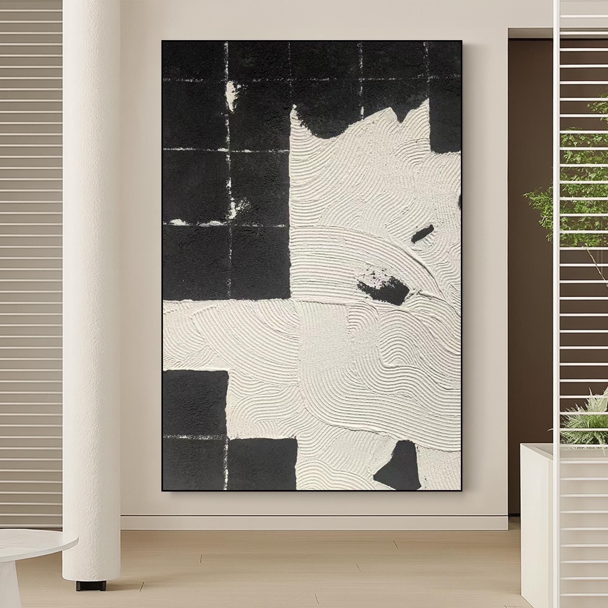 Black And White Textured Abstract Painting | Handmade Minimalist Oil Art With Geometric Texture | Modern Zen Canvas Wall Decor Vertical