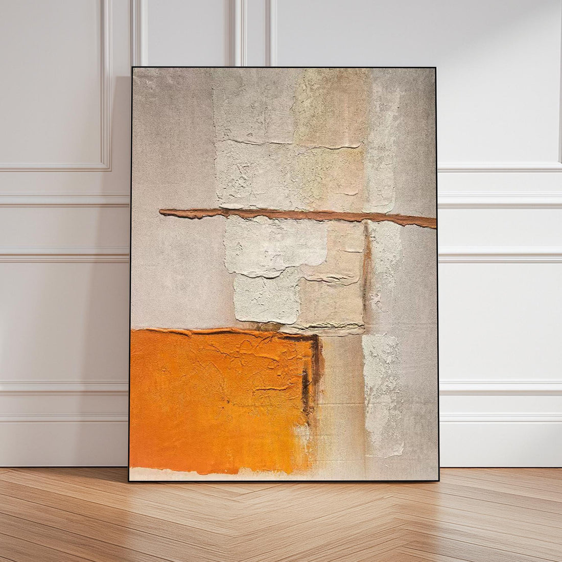 The image is an abstract painting featuring a combination of white, orange, and beige colors. The painting has a textured appearance, with visible brushstrokes and layers of paint.