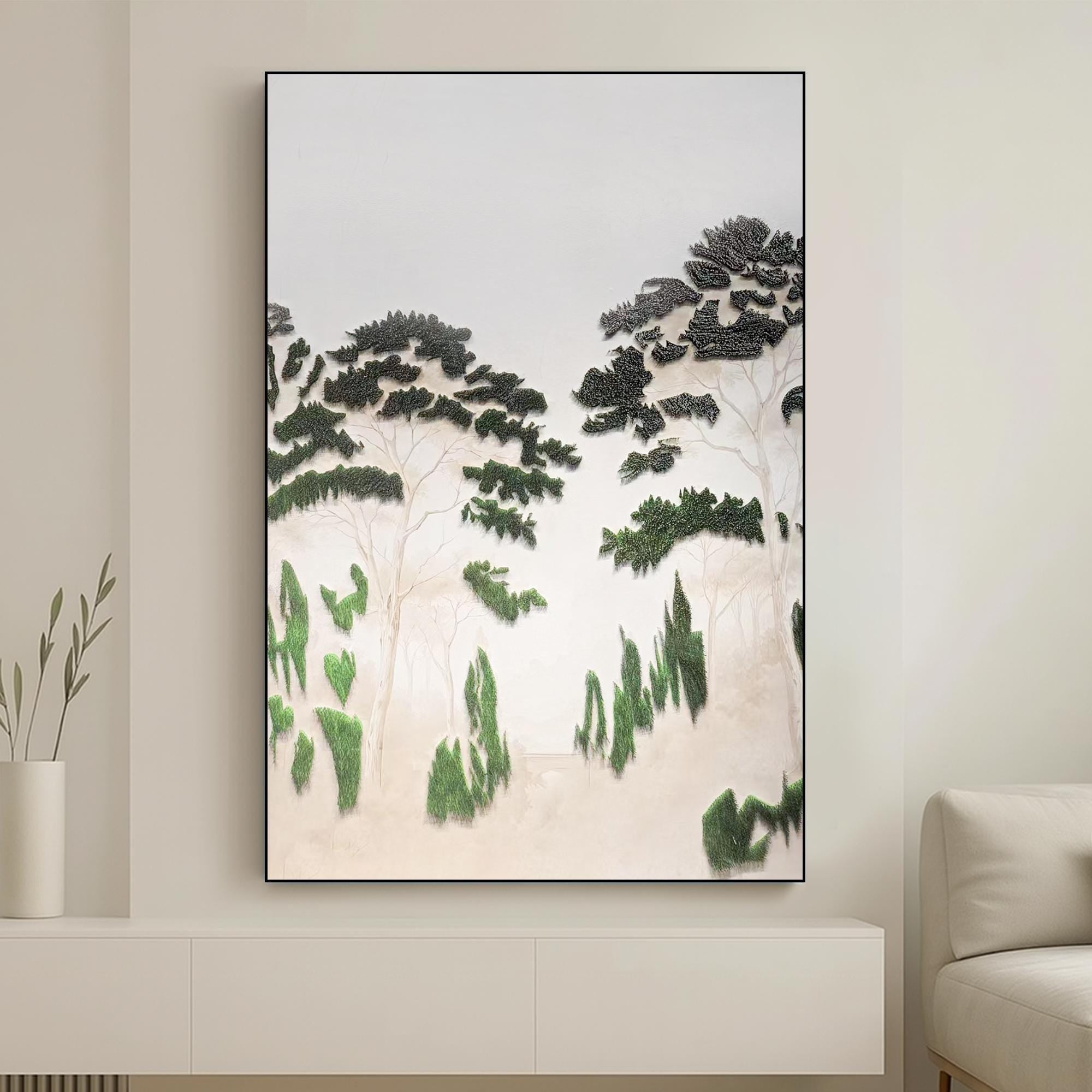 Minimalist Landscape Oil Painting on Canvas, Textured Tree Wall Art, Serene Hand-Painted Nature Decor for Modern Neutral Home