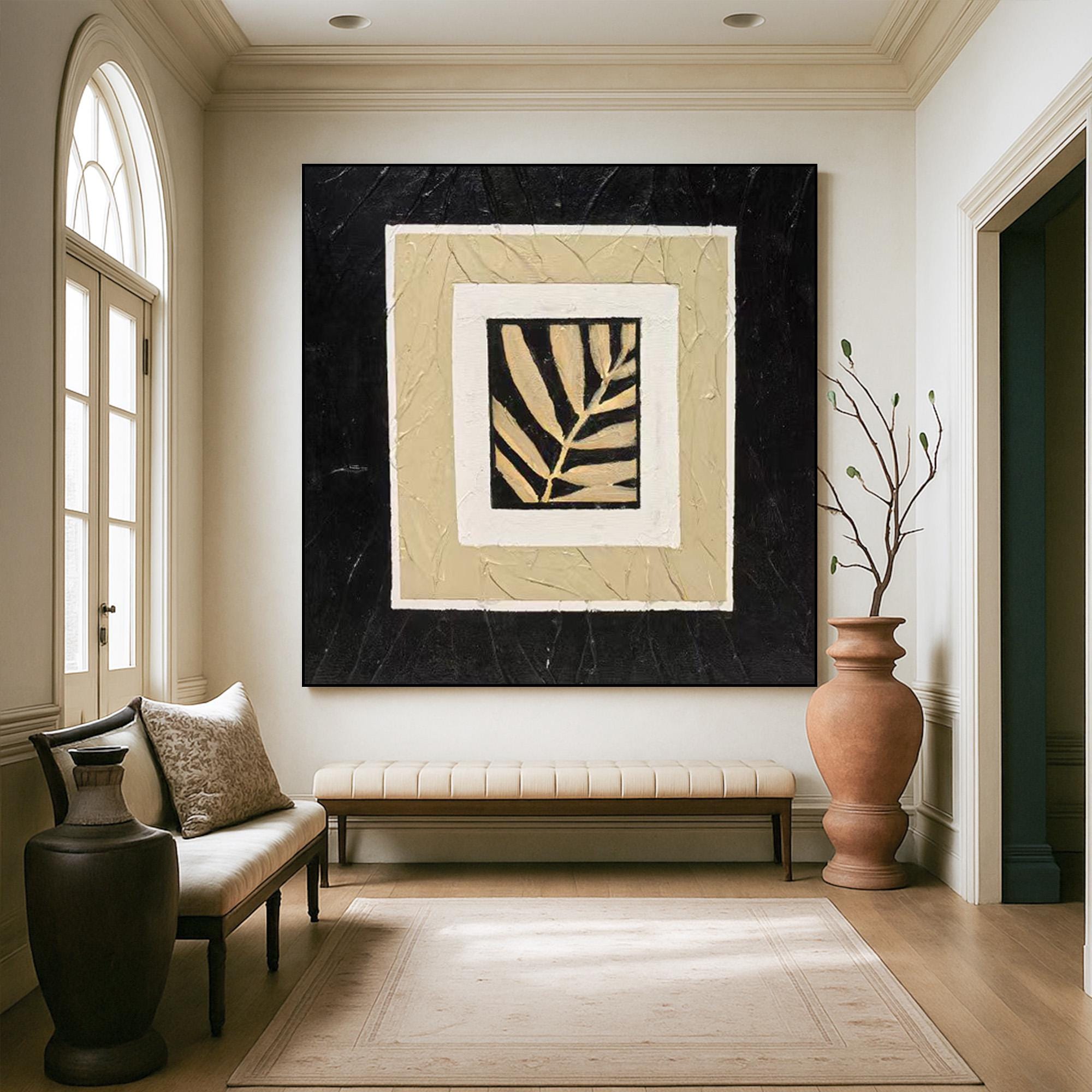 Textured Neutral Leaf Art on Canvas, Minimalist Black Beige Botanical Painting, Modern Framed Nature Wall Decor, Original Handmade Artwork