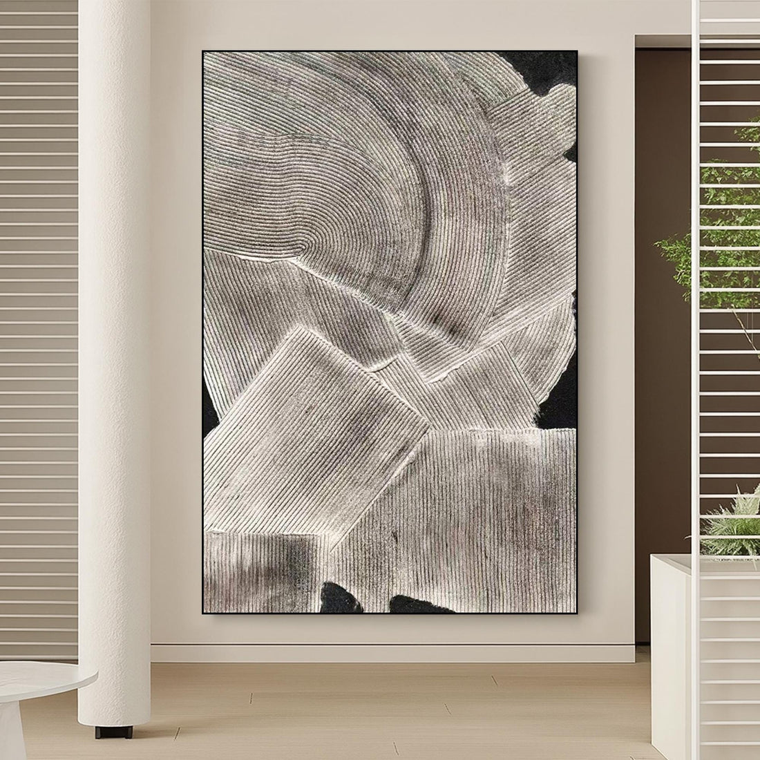 The image is a black and white abstract artwork featuring a variety of geometric shapes and lines.