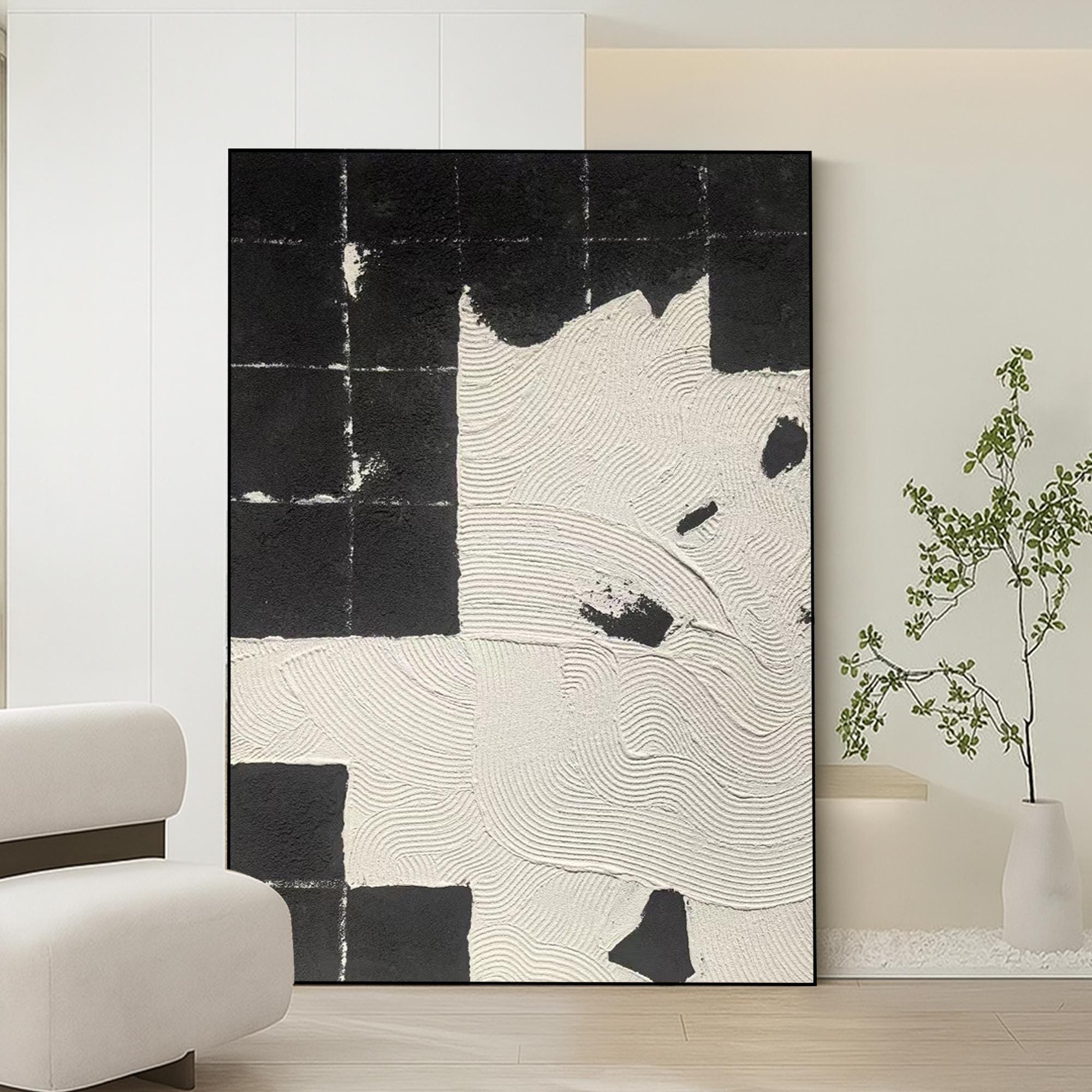Black And White Textured Abstract Painting | Handmade Minimalist Oil Art With Geometric Texture | Modern Zen Canvas Wall Decor Vertical