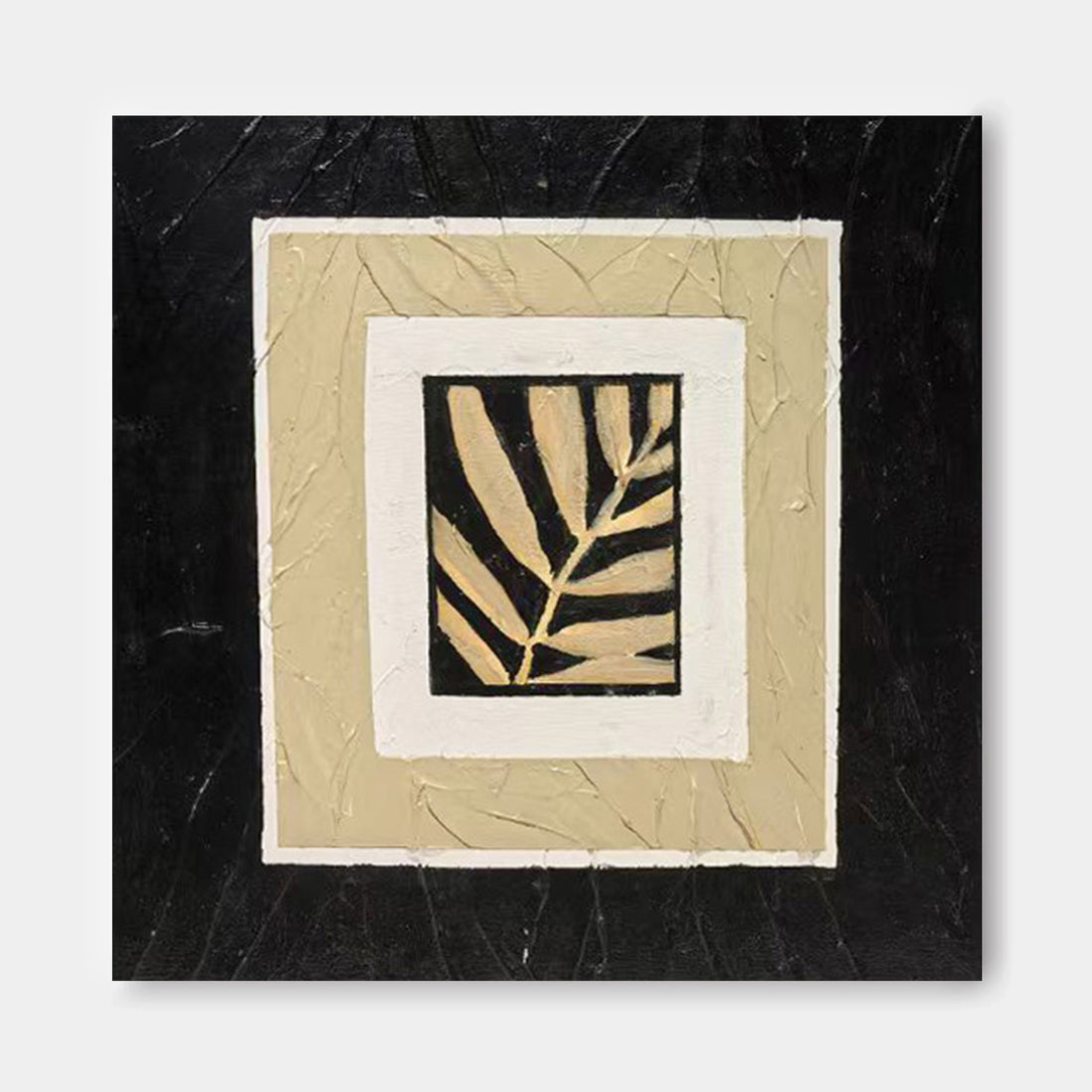 The image is a square painting with a black background and a white border. The painting features a central black and white leaf design.