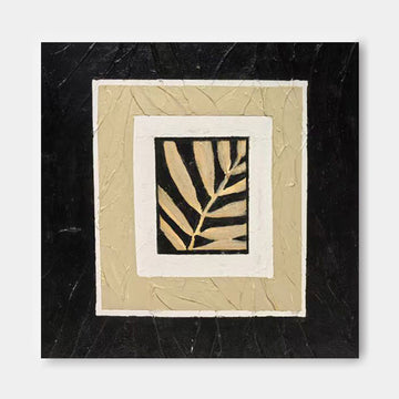 The image is a square painting with a black background and a white border. The painting features a central black and white leaf design.