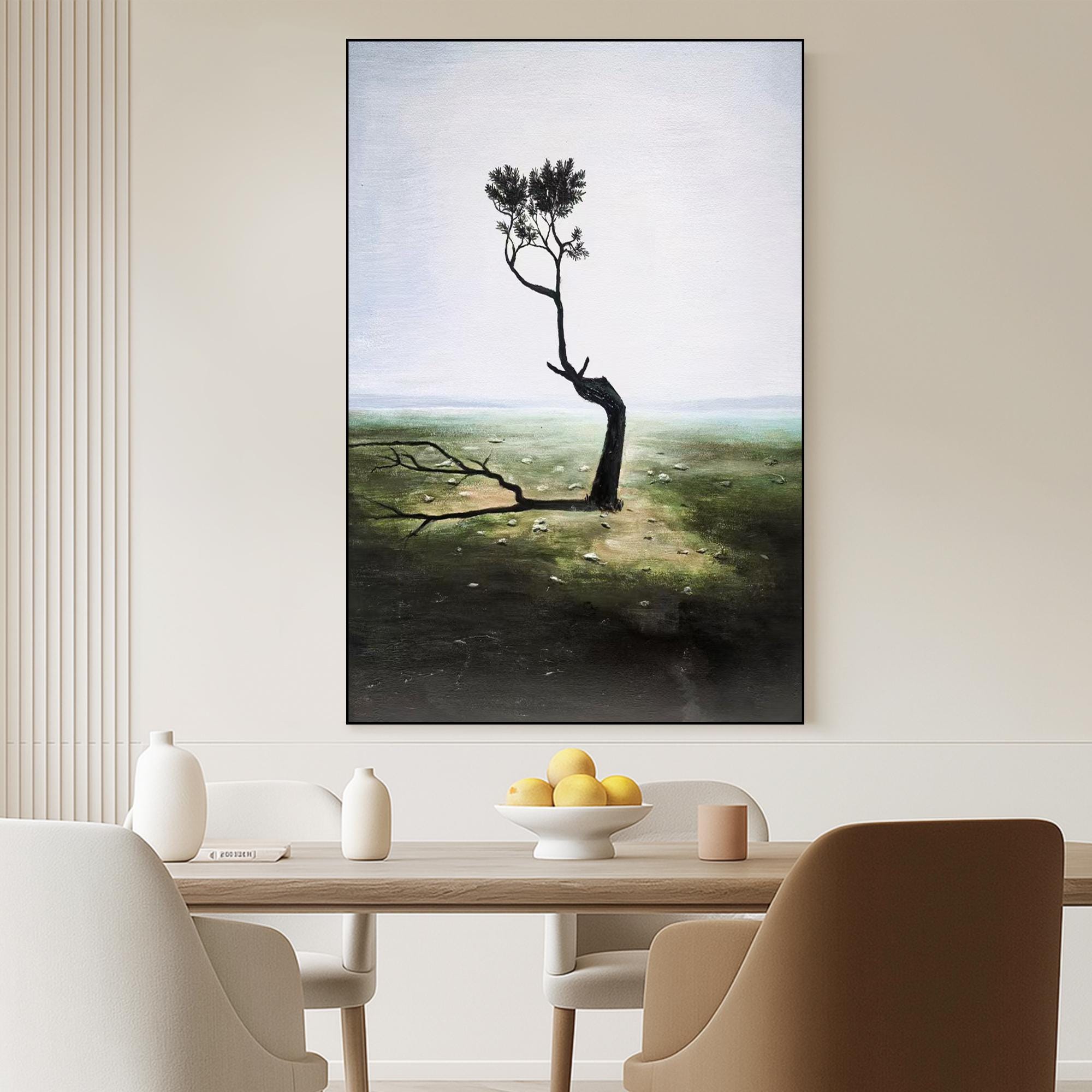 Original Minimalist Tree Oil Painting on Canvas, Hand-Painted Surreal Nature Landscape Art, Moody Solitary Wall Décor for Calm Interiors