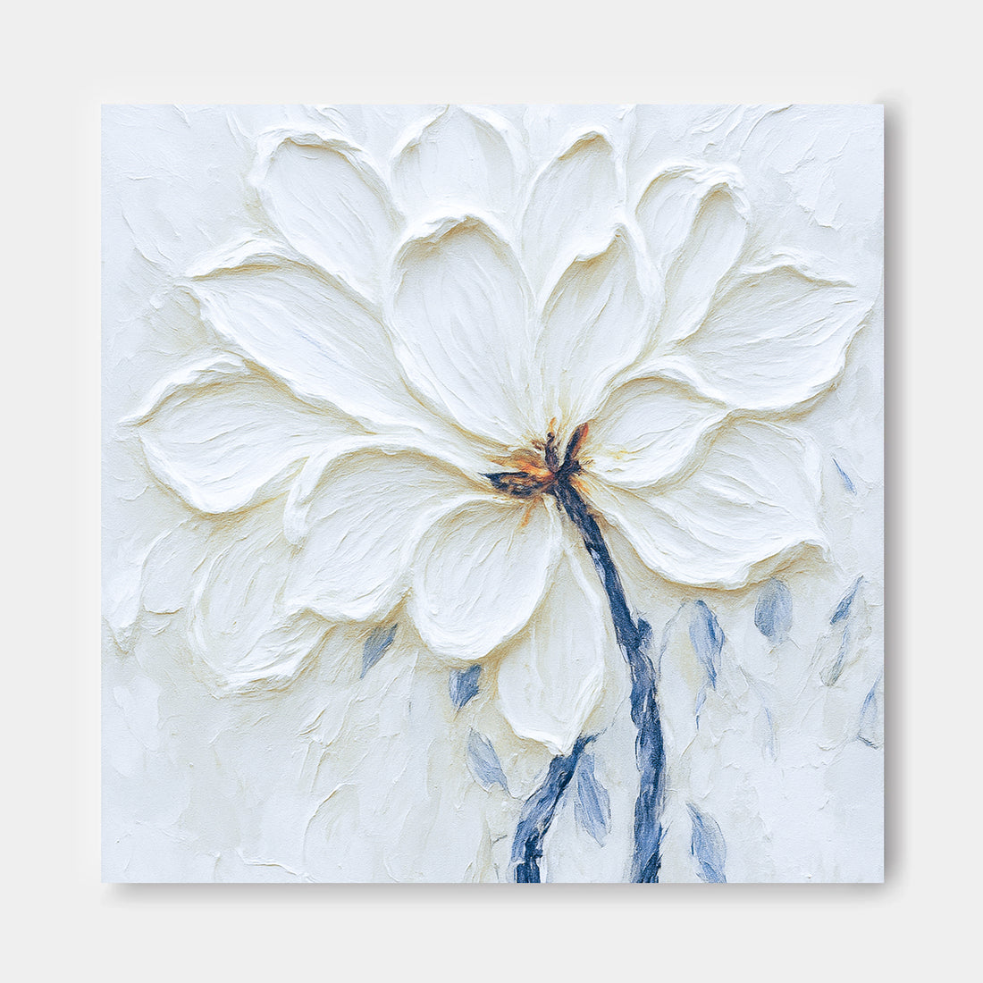 The image is a painting of a large white flower with delicate petals and a small brown center.