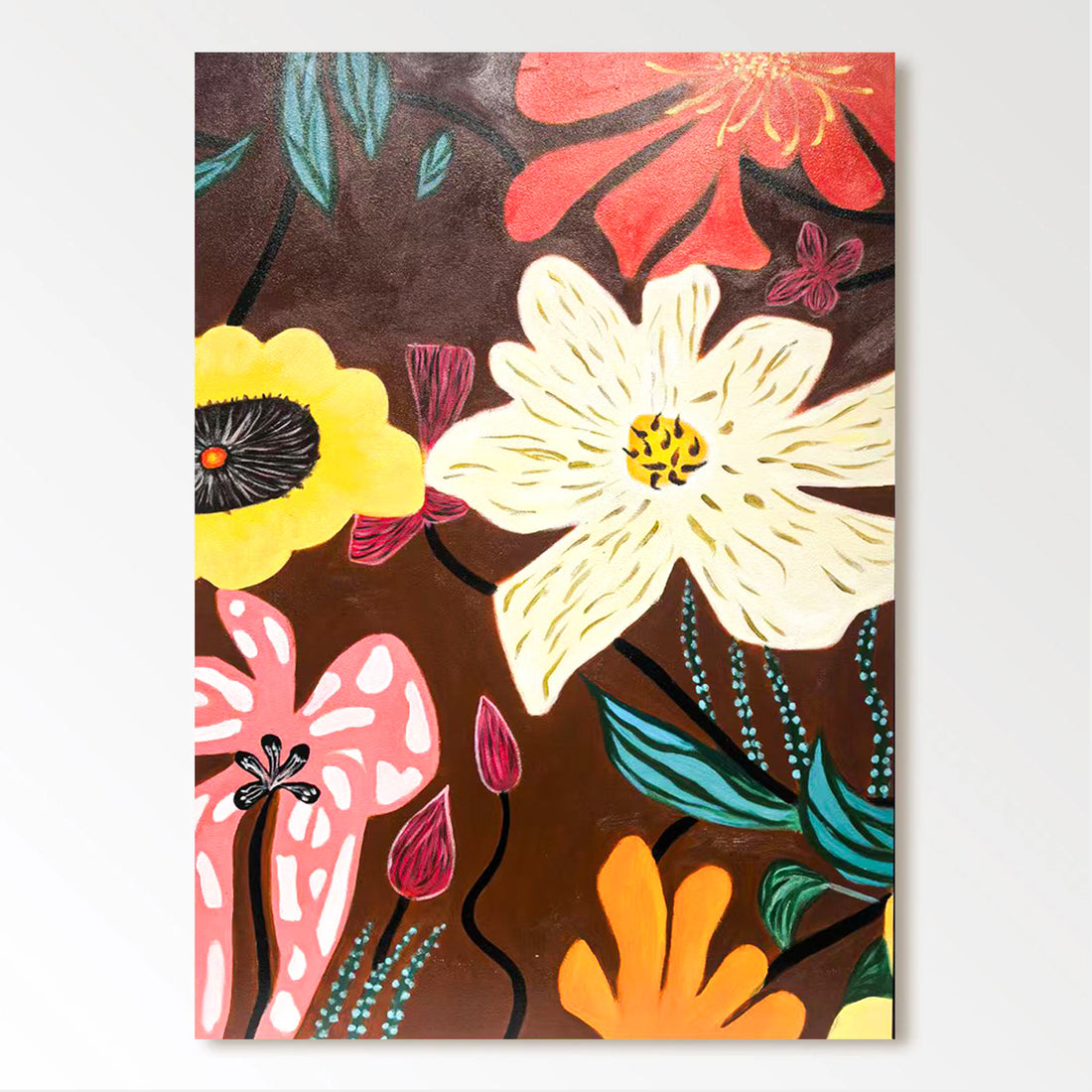 The image is a vibrant and colorful painting featuring a variety of flowers and plants in different shapes, sizes, and colors.