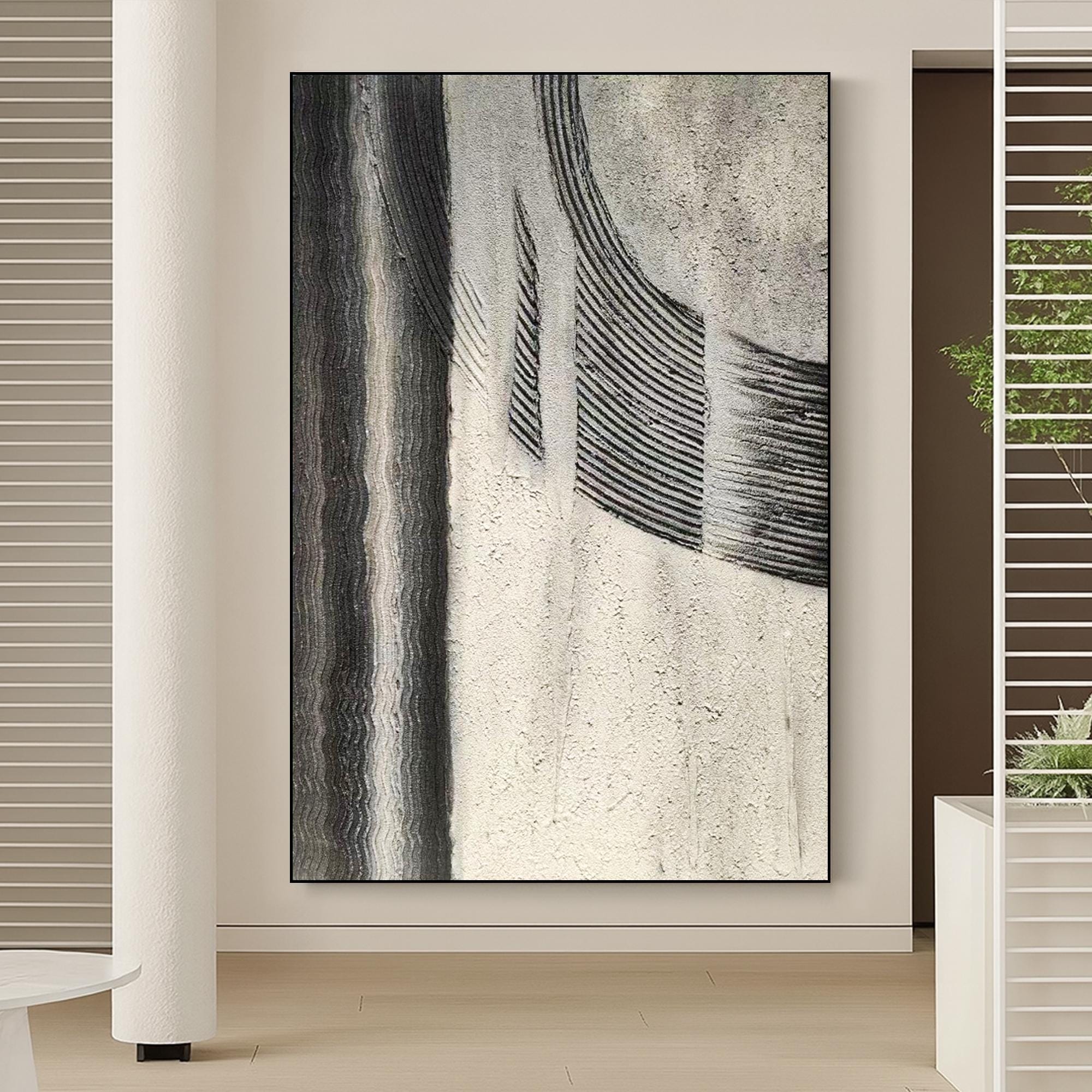 Neutral Textured Vertical Abstract Painting on Canvas Hand Painted Black Grey Wall Art Minimal Modern Tactile Artwork for Hallway or Office