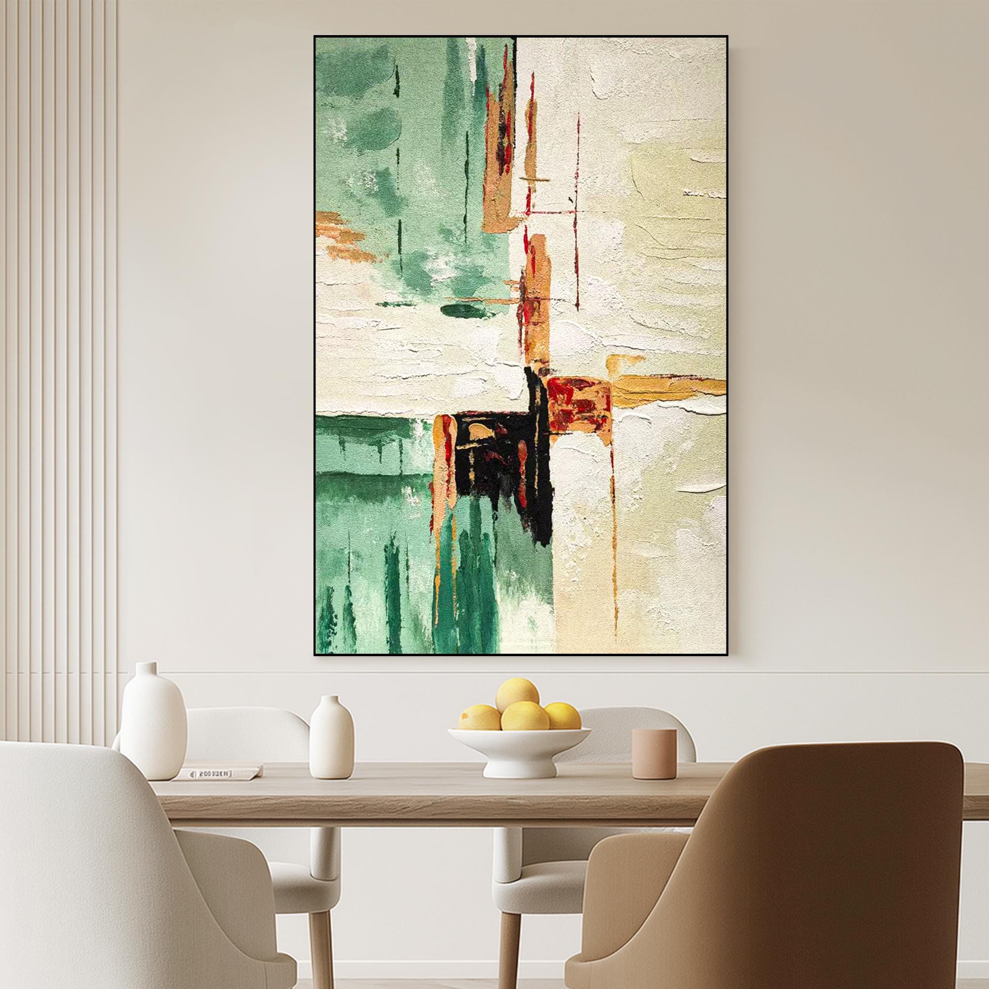 Original Abstract Textured Oil Painting on Canvas, Modern Green Beige Wall Art, Large Vertical Handmade Artwork for Living Room Décor