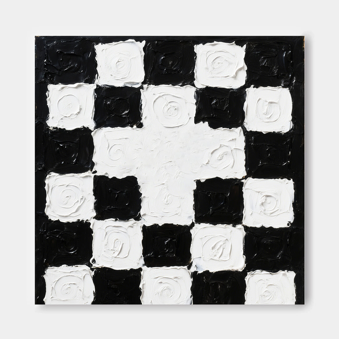 The image is a black and white checkered pattern with a central white square surrounded by smaller black squares.