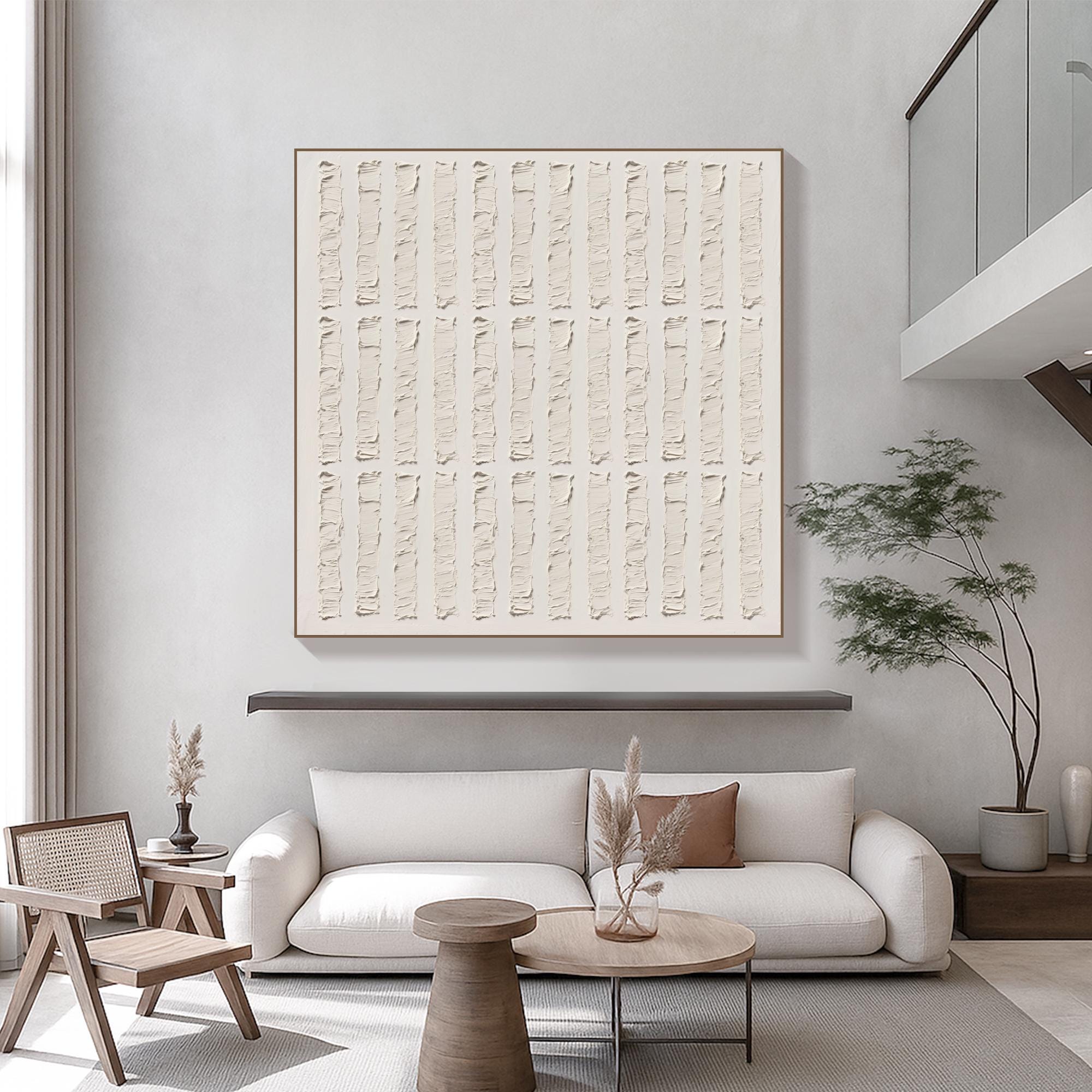 Vertical Line Textured Wall Art Neutral Minimalist Abstract Canvas Painting, Handmade Modern Relief Artwork for Japandi or Earthy Decor