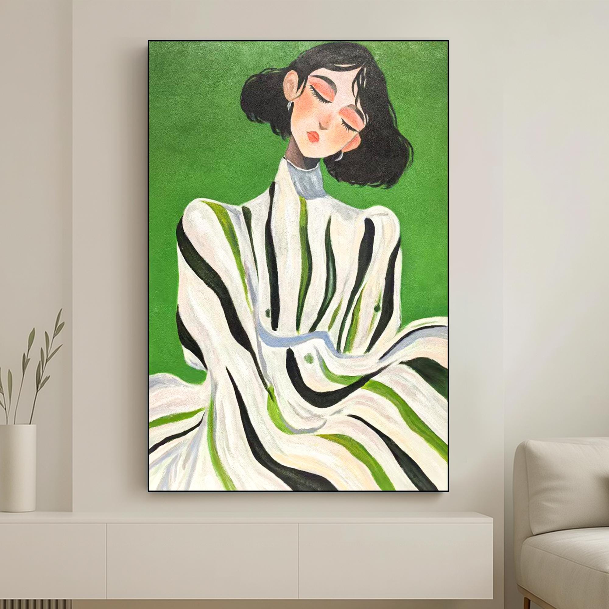 Minimalist Woman Portrait Oil Painting on Canvas | Hand-Painted Modern Female Wall Art | Green Background Abstract Figurative Home Decor