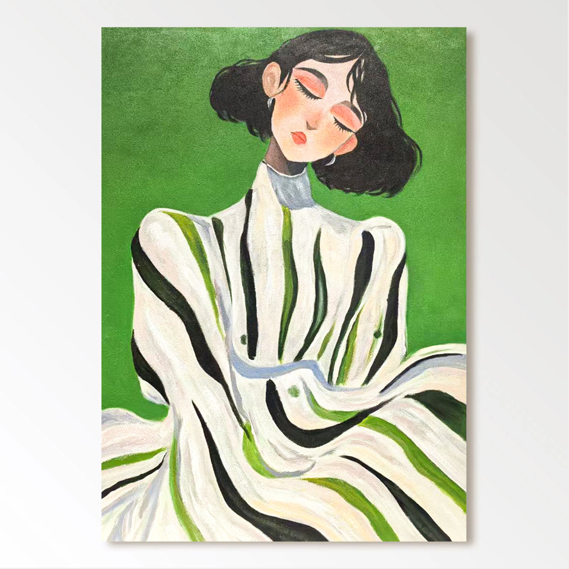The image is a painting of a woman with dark hair wearing a white dress with green and black stripes.