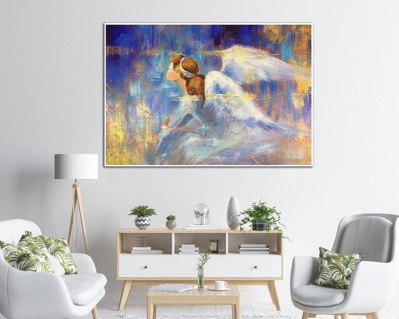 Abstract Impressionism Paintings On Canvas In Blue And Gold Colors Angel Painting Abstract Fine Art Textured Handmade Art for Living Room