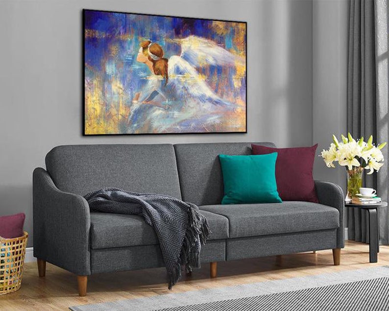 Abstract Impressionism Paintings On Canvas In Blue And Gold Colors Angel Painting Abstract Fine Art Textured Handmade Art for Living Room