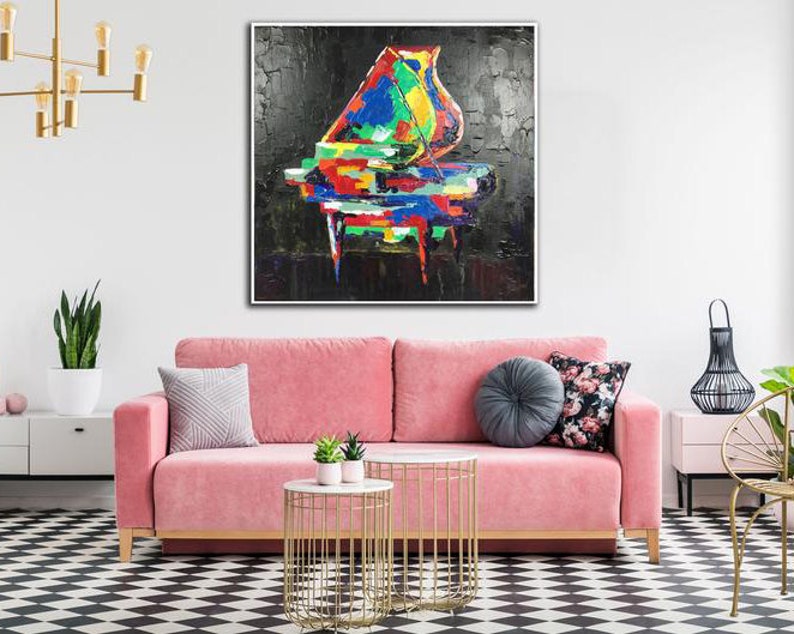 Abstract Rainbow Piano Painting On Canvas Colorful Still Life Painting Creative Acrylic Artwork Hand Painted Piano Wall Art for Living Room