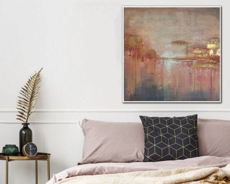 Large Abstract Lanscape Paintings, Pink Sunset Painting Modern Textured Art Gold Leaf Original Abstract FIne Art for Living Room