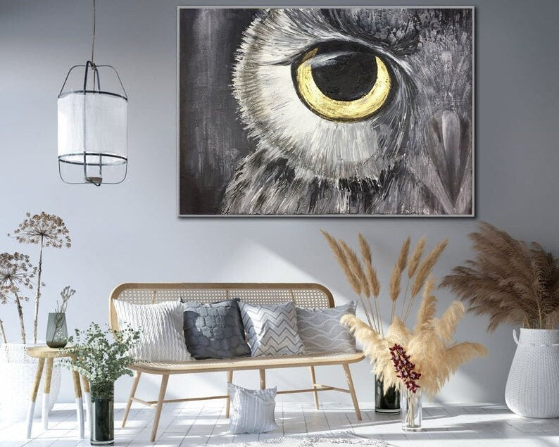 Abstract Owl Oil Painting On Canvas Original Bird Artwork Owl Eye Modern Wall Art Decor for Living Room