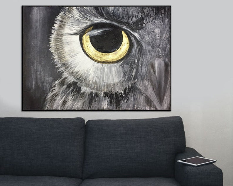 Abstract Owl Oil Painting On Canvas Original Bird Artwork Owl Eye Modern Wall Art Decor for Living Room