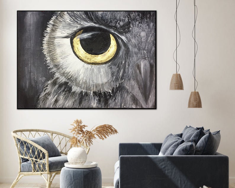 Abstract Owl Oil Painting On Canvas Original Bird Artwork Owl Eye Modern Wall Art Decor for Living Room