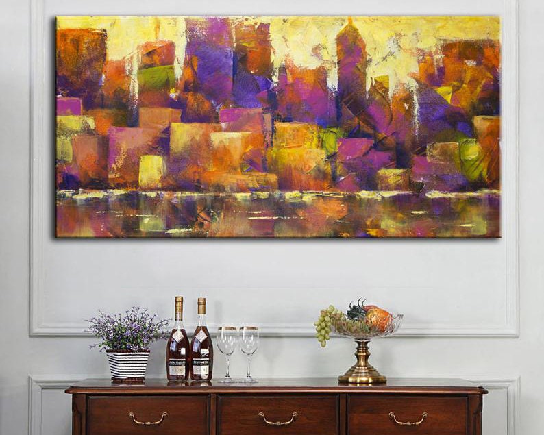 Cityscape Abstract Painting Purple Painting Orange Painting Urban Wall Art Textured Wall Art Oversized Wall Art Housewarming Gift City Art
