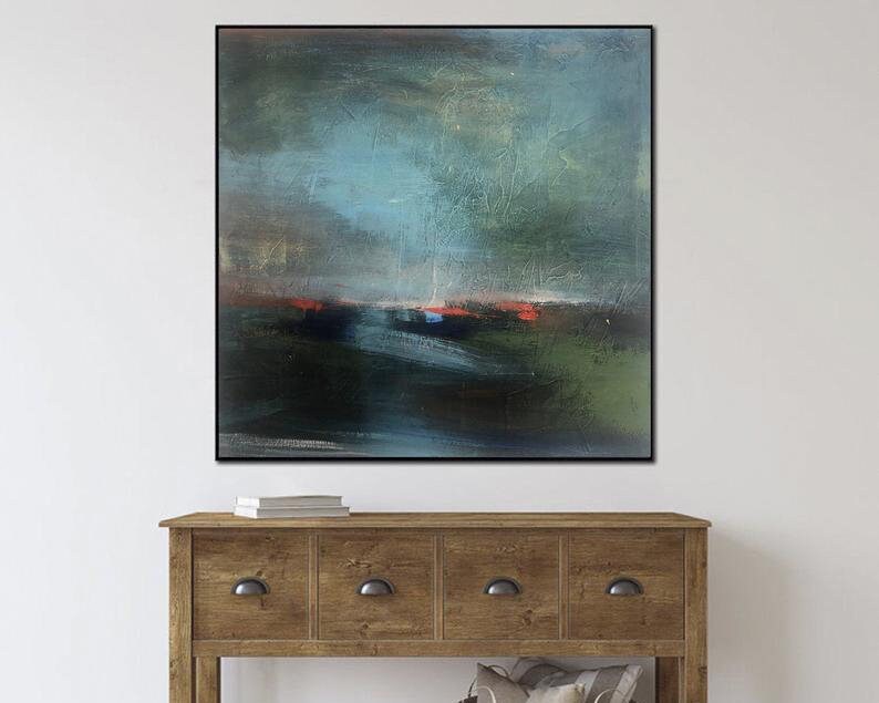 Large Abstract Navy Blue Paintings On Canvas Contemporary Landscape Oil Painting Textured Handmade Art for Living Room Wall Decor