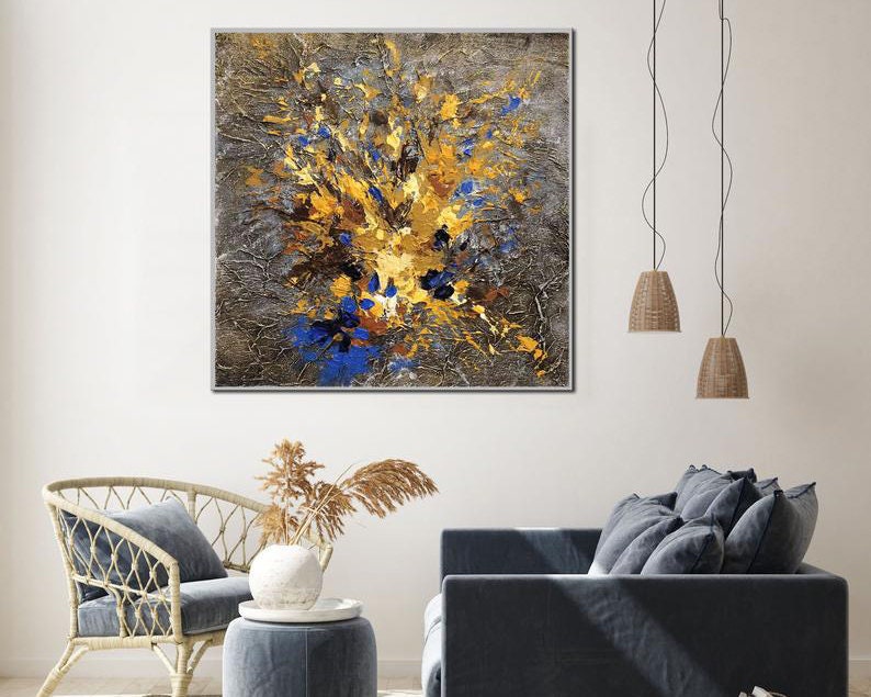 Textured Abstract Floral Painting Gold Blue Modern Wall Art Original Acrylic Artwork Oversized Canvas Handmade Bouquet Decor