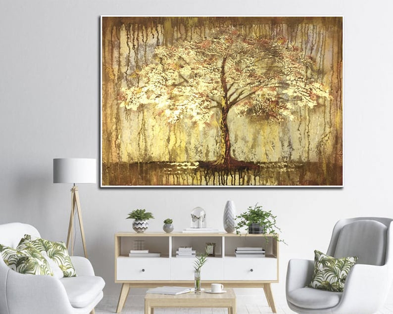 Extra Large Wall Art Framed Tree Painting Abstract Painting Gold Oversized Oil Painting Modern Paintings Living Room Home Decor Wall Art