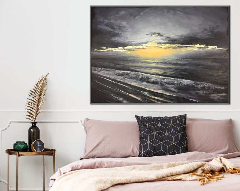 Golden Horizon Expressionist Seascape with Sunset Reflections Modern Textured Art Serenity Nature Tranquility Modern Design Handmade Art