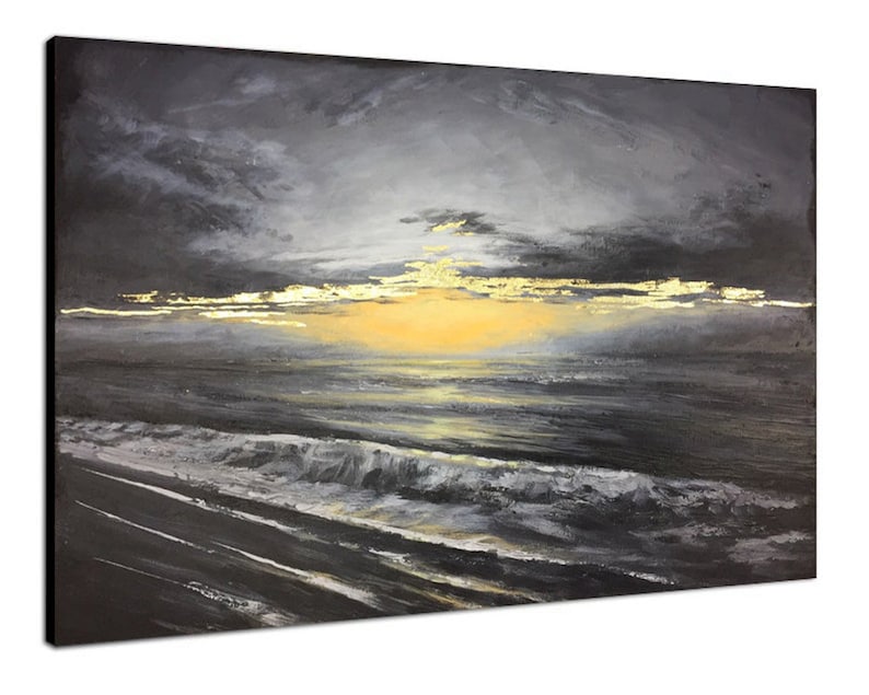 Golden Horizon Expressionist Seascape with Sunset Reflections Modern Textured Art Serenity Nature Tranquility Modern Design Handmade Art
