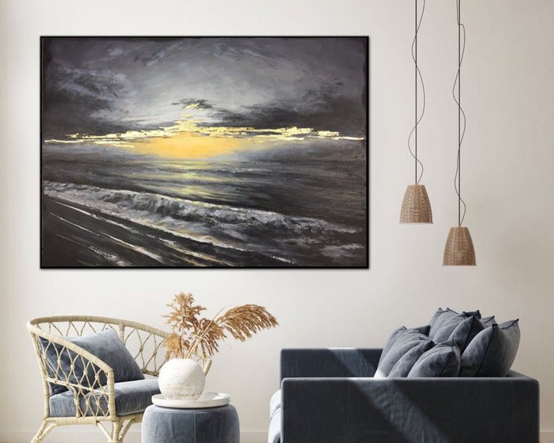 Golden Horizon Expressionist Seascape with Sunset Reflections Modern Textured Art Serenity Nature Tranquility Modern Design Handmade Art