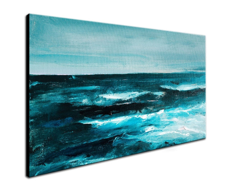 Abstract Ocean Painting on Canvas - Large Blue Sea Wall Art - Modern Coastal Decor for Living Room or Office