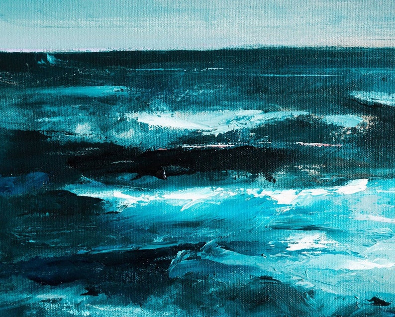 Abstract Ocean Painting on Canvas - Large Blue Sea Wall Art - Modern Coastal Decor for Living Room or Office