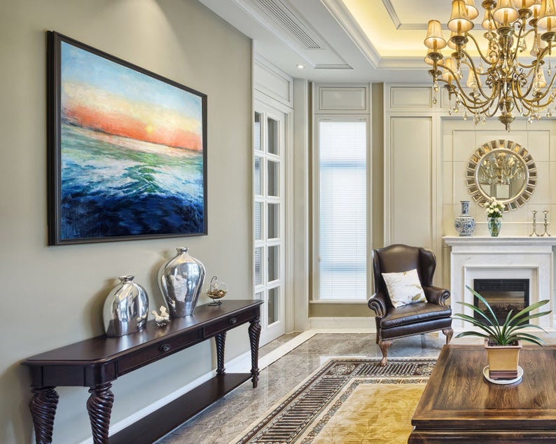 Ocean Sunset Art Modern Sunrise Wall Decor Water Landscape Art Coastal Seascape Painting