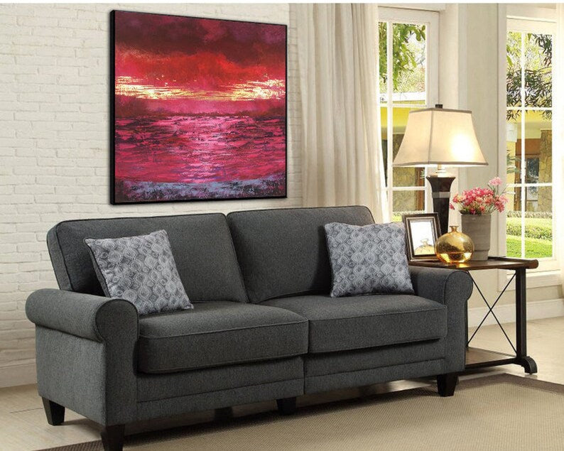 Red Sunset Abstract Painting Textured Wall Art Handmade Original Landscape Artwork Modern Wall Art Painting On Canvas Wall Art Framed