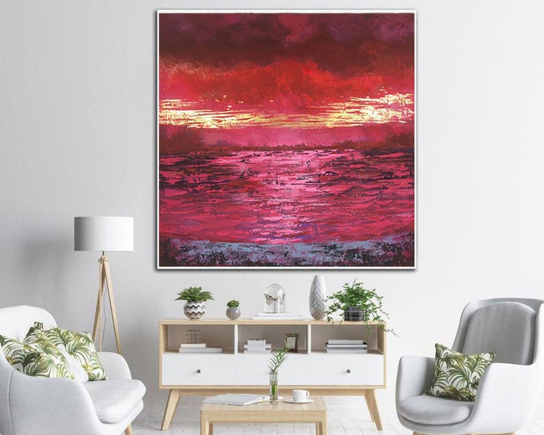 Red Sunset Abstract Painting Textured Wall Art Handmade Original Landscape Artwork Modern Wall Art Painting On Canvas Wall Art Framed