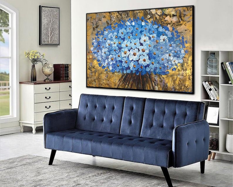 Flower Wall Art Abstract Painting Blue Floral Bouquet Gold Painting Original Textured Artwork Knife Painting Living Room Decor