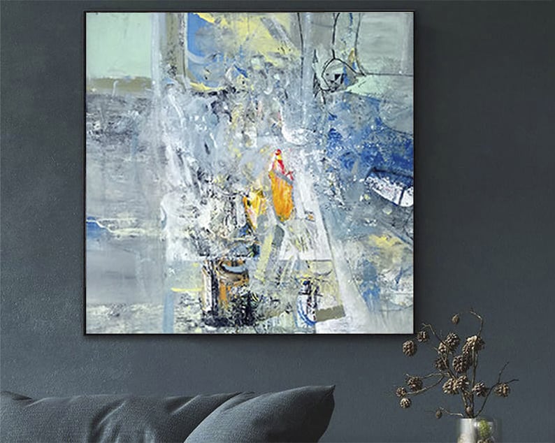 Abstract Art Paintings on Canvas Textured Wall Art Blue Painting Expressionist Painting Modern Wall Art Framed Art Bedroom Wall Art