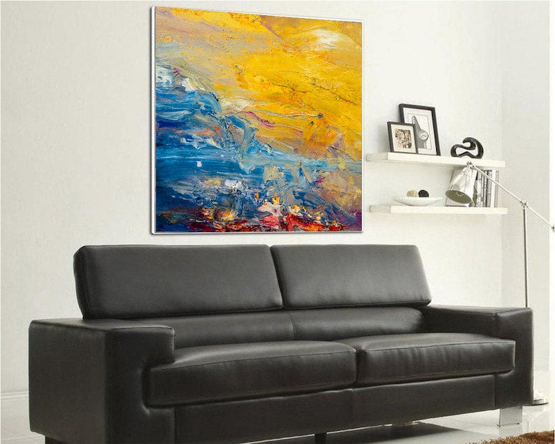 Textured Abstract Landscape Painting - Vibrant Blue and Yellow Wall Art - Original Handmade Artwork