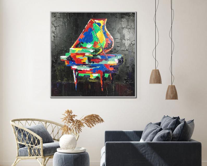 Abstract Rainbow Piano Painting On Canvas Colorful Still Life Painting Creative Acrylic Artwork Hand Painted Piano Wall Art for Living Room