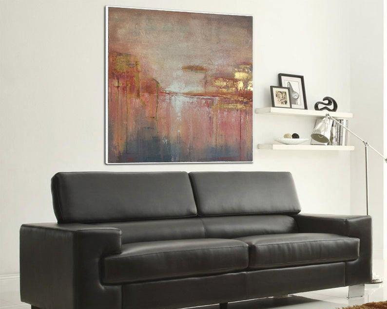 Large Abstract Lanscape Paintings, Pink Sunset Painting Modern Textured Art Gold Leaf Original Abstract FIne Art for Living Room