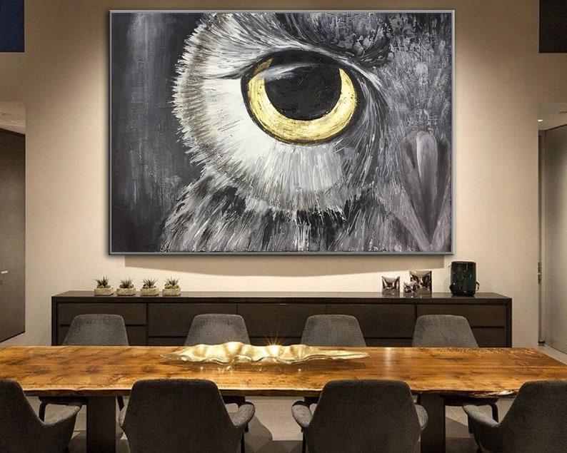 Abstract Owl Oil Painting On Canvas Original Bird Artwork Owl Eye Modern Wall Art Decor for Living Room