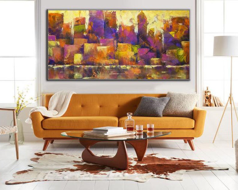 Cityscape Abstract Painting Purple Painting Orange Painting Urban Wall Art Textured Wall Art Oversized Wall Art Housewarming Gift City Art