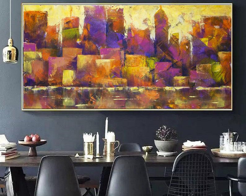 Cityscape Abstract Painting Purple Painting Orange Painting Urban Wall Art Textured Wall Art Oversized Wall Art Housewarming Gift City Art