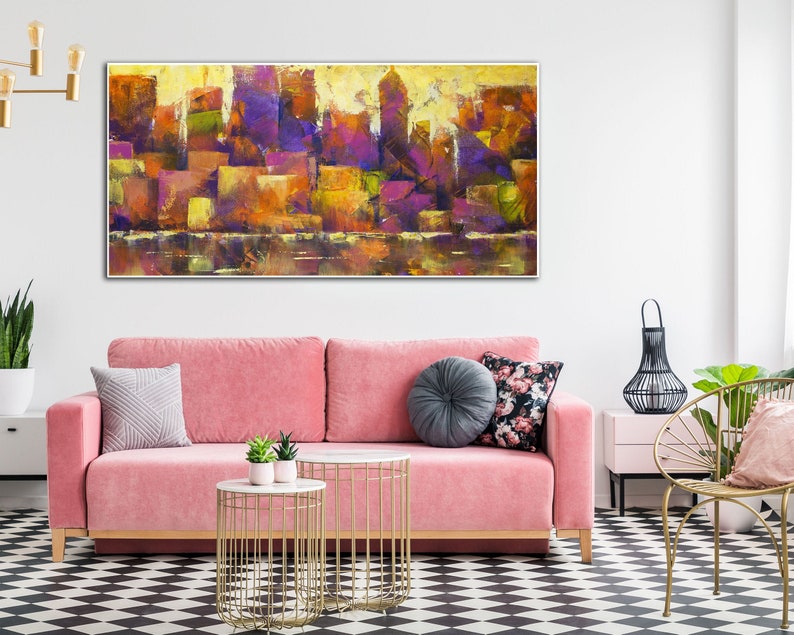 Cityscape Abstract Painting Purple Painting Orange Painting Urban Wall Art Textured Wall Art Oversized Wall Art Housewarming Gift City Art