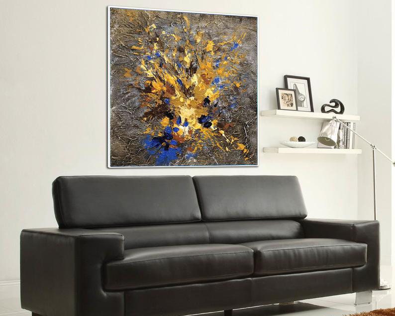 Textured Abstract Floral Painting Gold Blue Modern Wall Art Original Acrylic Artwork Oversized Canvas Handmade Bouquet Decor