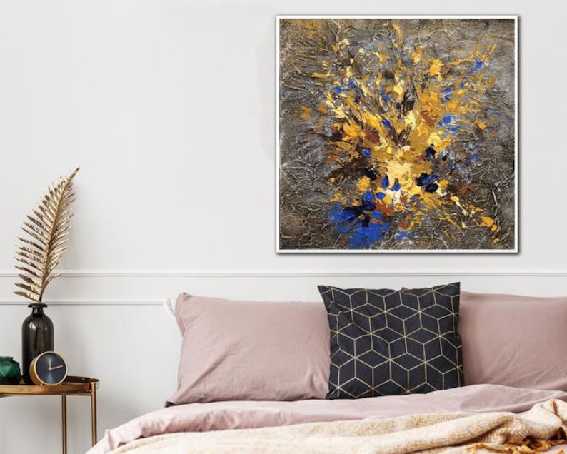 Textured Abstract Floral Painting Gold Blue Modern Wall Art Original Acrylic Artwork Oversized Canvas Handmade Bouquet Decor