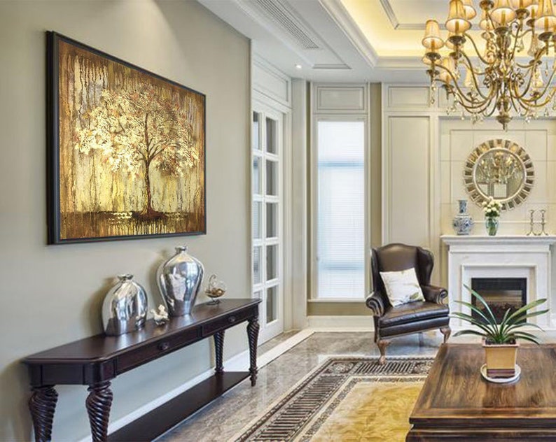 Extra Large Wall Art Framed Tree Painting Abstract Painting Gold Oversized Oil Painting Modern Paintings Living Room Home Decor Wall Art