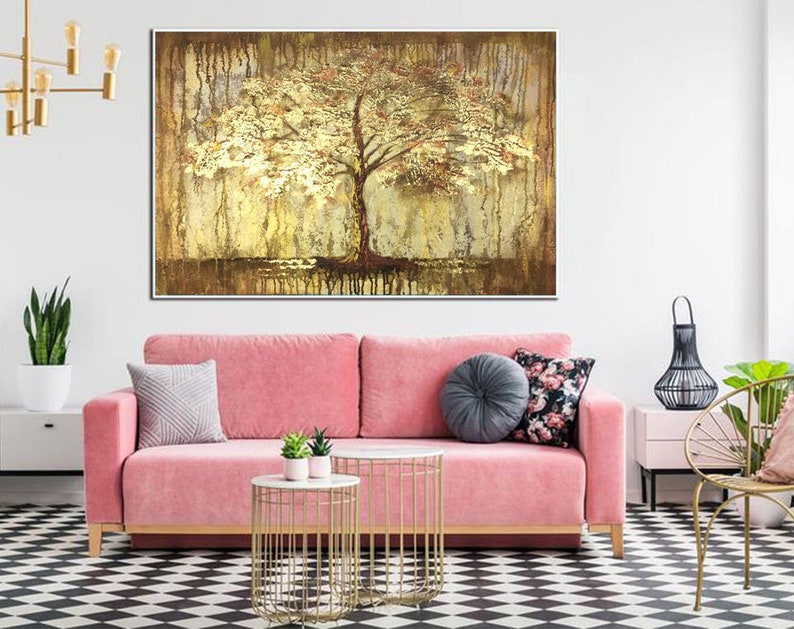 Extra Large Wall Art Framed Tree Painting Abstract Painting Gold Oversized Oil Painting Modern Paintings Living Room Home Decor Wall Art