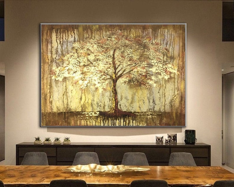 Extra Large Wall Art Framed Tree Painting Abstract Painting Gold Oversized Oil Painting Modern Paintings Living Room Home Decor Wall Art